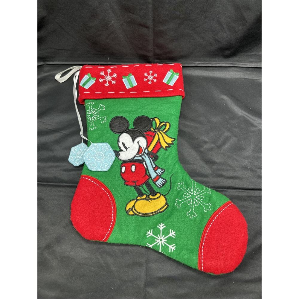 Disney Store Embroidered Christmas Stocking Mickey Mouse Holiday Snowflakes